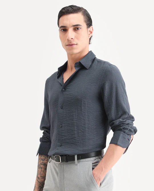 VOLAS - DUSKY GREY REGULAR FIT VISCOSE BLEND SHIRT